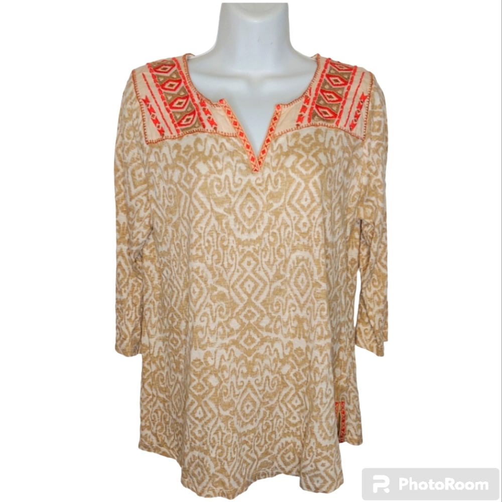 Lucky Brand Women's Tan Embroidered Split Neck Southwestern 3/4 Blouse Large